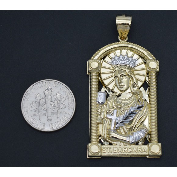 Real Solid 10K Yellow Gold Shiny Medallion St. Barbara Diamond Cut Pendant 10.gr - Picture 3 of 8